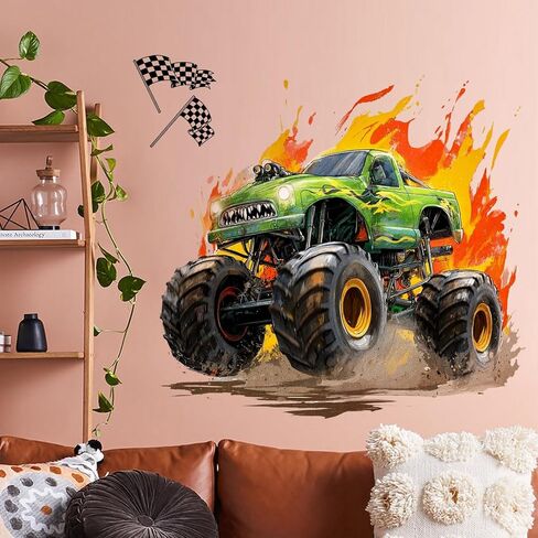 3D Broken Wall Monster Truck Wall Decals, Flame Monster Truck with Checkered Flags Bursting Wall Stickers, Removable Peel and Stick Vinyl Wall Art for Kids Bedroom Nursery Playroom Wall Decor in Kuwait