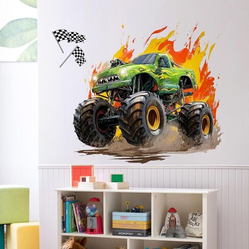 3D Broken Wall Monster Truck Wall Decals, Flame Monster Truck with Checkered Flags Bursting Wall Stickers, Removable Peel and Stick Vinyl Wall Art for Kids Bedroom Nursery Playroom Wall Decor in Kuwait