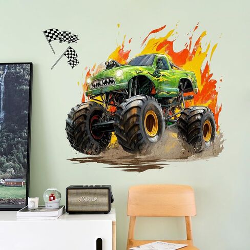 3D Broken Wall Monster Truck Wall Decals, Flame Monster Truck with Checkered Flags Bursting Wall Stickers, Removable Peel and Stick Vinyl Wall Art for Kids Bedroom Nursery Playroom Wall Decor in Kuwait