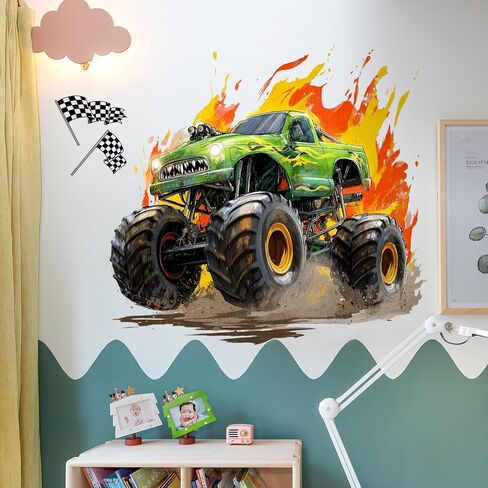 3D Broken Wall Monster Truck Wall Decals, Flame Monster Truck with Checkered Flags Bursting Wall Stickers, Removable Peel and Stick Vinyl Wall Art for Kids Bedroom Nursery Playroom Wall Decor in Kuwait