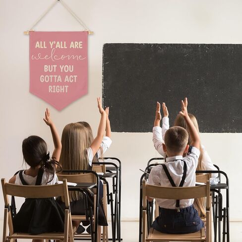 All Are Welcome Wall Decor, All Y'all Are Welcome But You Gotta Act Right Wall Hanging Pennant Flag, Funny Classroom Home Living Room Office Wall Art Decor in Saudi Arabia