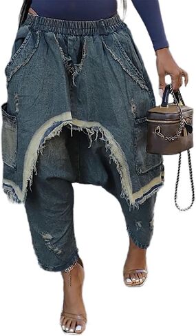 KANSOON Jeans Women Distressed Denim Harem Pants Elastic Waist Loose Fit Cropped Y2K Streetwear Jeans with Pockets in Saudi Arabia