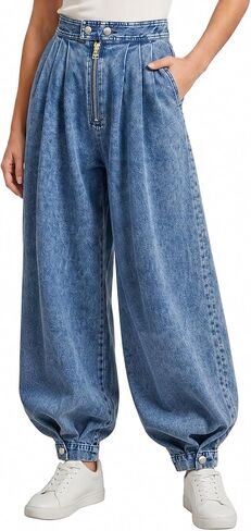 Baggy Harem Jeans Women Elastic Waist Wide Leg Denim Pants Zipper Front Adjustable Button Leg Trousers in Saudi Arabia