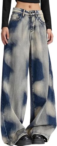 Gothic Y2K Women's Jeans High Waisted Wide Leg Vintage Sides Tie-Dye Baggy Straight Leg Denim Pants in Saudi Arabia