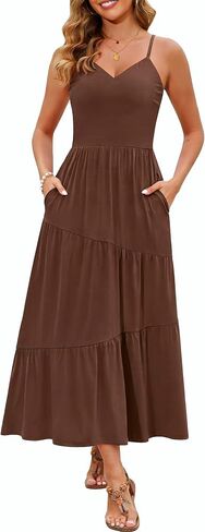 Kranda 2026 Summer Sleeveless Long Beach Sundress V Neck Spaghetti Strap Tiered Maxi Dress with Pockets in Saudi Arabia