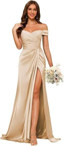 Women's Off Shoulder Ruched/Mermaid Pleated Bridesmaid Dresses Long with Slit - Satin Formal Prom/Evening Party Dress in Saudi Arabia