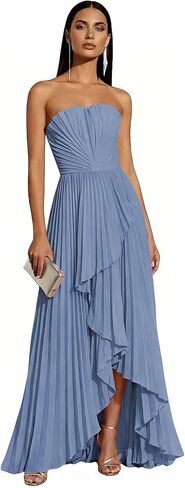 Strapless Bridesmaid Dresses for Women 2026 Pleated Satin Hi-Lo Formal Dress for Wedding Guest in Saudi Arabia