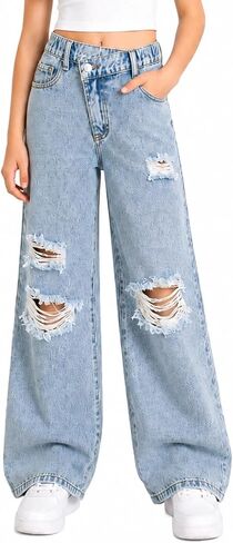 Girls Ripped Jeans Cross Waist Distressed Wide Leg Denim Pants Baggy Trouser in Kuwait