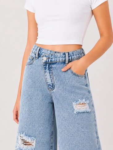 Girls Ripped Jeans Cross Waist Distressed Wide Leg Denim Pants Baggy Trouser in Kuwait
