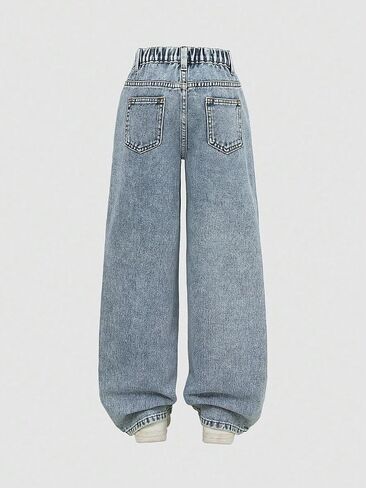 Girls Ripped Jeans Cross Waist Distressed Wide Leg Denim Pants Baggy Trouser in Kuwait