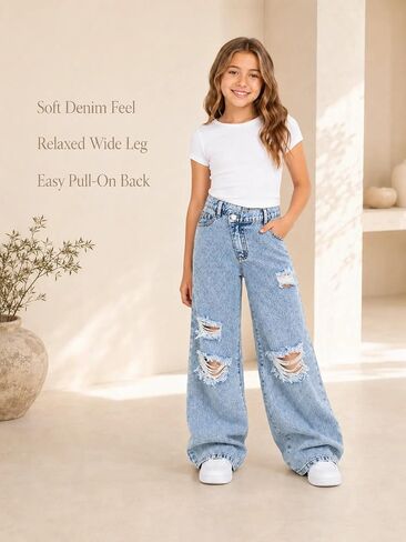 Girls Ripped Jeans Cross Waist Distressed Wide Leg Denim Pants Baggy Trouser in Kuwait