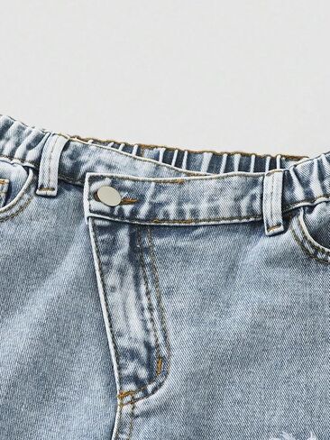 Girls Ripped Jeans Cross Waist Distressed Wide Leg Denim Pants Baggy Trouser in Kuwait