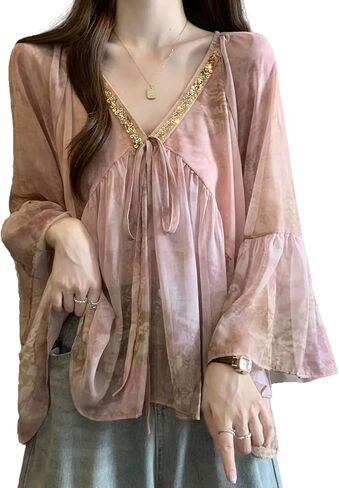 Women Tye-die Cute Blouse Flared Sleeve Long Sleeve Vintage Shirts in Saudi Arabia