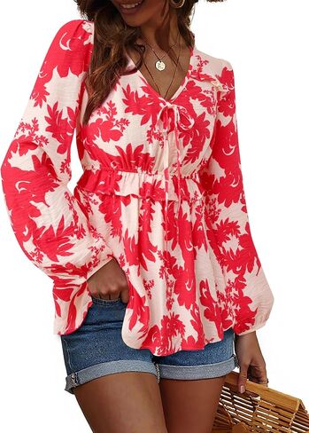 Vivilli Women's Blouses Dressy Casual Ruffle V Neck Tops Ruched Waist Lantern Long Sleeve Shirts Summer Outfits in Saudi Arabia