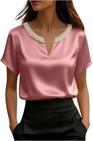 Womens Tops Dressy Casual V Neck Color Short Sleeve Blouse Business Casual Tops Satin Silk Work Summer Shirt in Kuwait