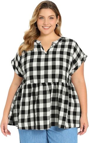 Plus Size Gingham Blouse for Women 1950s Plaid Notch V Neck Short Sleeve Babydoll Peplum Summer Top in Saudi Arabia