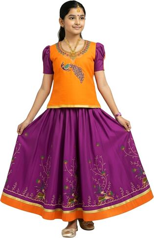 kaatru Thana Girls Pavadai Set D100 - Lehenga Choli - Orange & Violet in Saudi Arabia