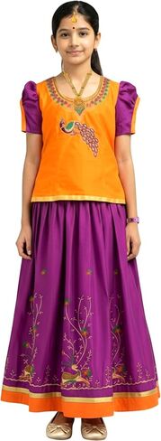 kaatru Thana Girls Pavadai Set D100 - Lehenga Choli - Orange & Violet in Saudi Arabia