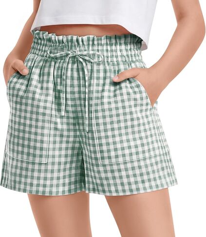 Yooo's Vivi Girls' Gingham Shorts Ruffle Elastic Waist Kids Checkered Lightweight Bottoms with Pockets 5-14 Y Summer in Saudi Arabia