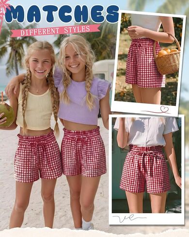 Yooo's Vivi Girls' Gingham Shorts Ruffle Elastic Waist Kids Checkered Lightweight Bottoms with Pockets 5-14 Y Summer in Saudi Arabia