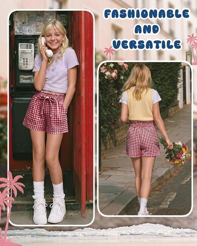Yooo's Vivi Girls' Gingham Shorts Ruffle Elastic Waist Kids Checkered Lightweight Bottoms with Pockets 5-14 Y Summer in Saudi Arabia