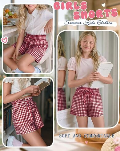 Yooo's Vivi Girls' Gingham Shorts Ruffle Elastic Waist Kids Checkered Lightweight Bottoms with Pockets 5-14 Y Summer in Saudi Arabia