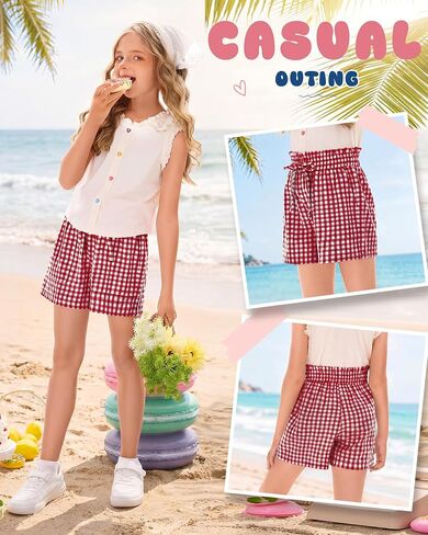 Yooo's Vivi Girls' Gingham Shorts Ruffle Elastic Waist Kids Checkered Lightweight Bottoms with Pockets 5-14 Y Summer in Saudi Arabia