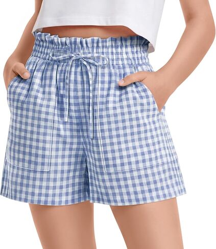 Yooo's Vivi Girls' Gingham Shorts Ruffle Elastic Waist Kids Checkered Lightweight Bottoms with Pockets 5-14 Y Summer in Saudi Arabia