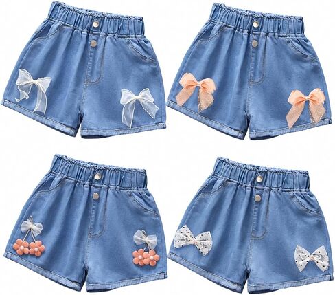 IEDWEI 4 Pack Girls Denim Shorts with Pockets & Elastic Waist-Cute Summer Girls Jean Shorts for Casual & School (6-8Y) in Kuwait
