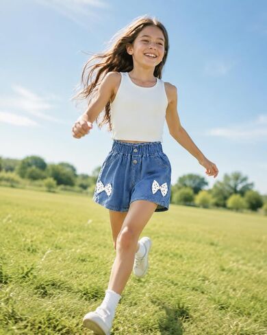 IEDWEI 4 Pack Girls Denim Shorts with Pockets & Elastic Waist-Cute Summer Girls Jean Shorts for Casual & School (6-8Y) in Kuwait