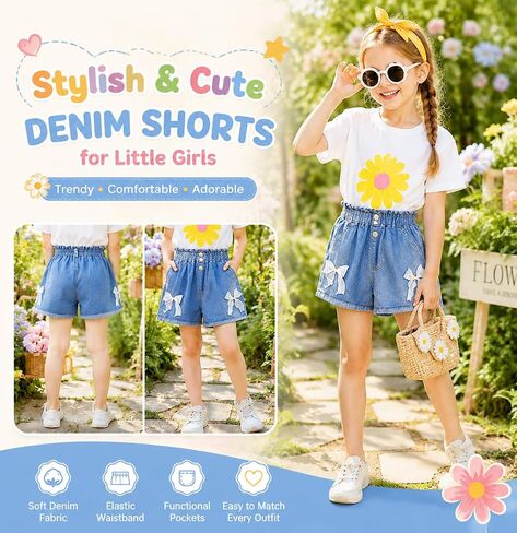 IEDWEI 4 Pack Girls Denim Shorts with Pockets & Elastic Waist-Cute Summer Girls Jean Shorts for Casual & School (6-8Y) in Kuwait