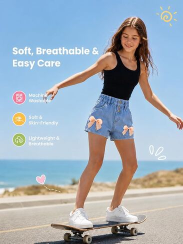 IEDWEI 4 Pack Girls Denim Shorts with Pockets & Elastic Waist-Cute Summer Girls Jean Shorts for Casual & School (6-8Y) in Kuwait