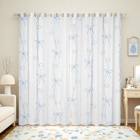 Erosebridal Girls Blue Ribbon Bow Darkening Blackout Curtains,Blue Coquette Bowknot Curtains (2 Panels 42 x 90 Inch) for Kids Bedroom,Princess Bowtie Kitchen Decor,Cute Bows Kawaii Window Treatments in Kuwait