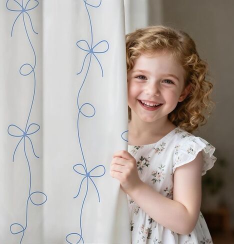 Erosebridal Girls Blue Ribbon Bow Darkening Blackout Curtains,Blue Coquette Bowknot Curtains (2 Panels 42 x 90 Inch) for Kids Bedroom,Princess Bowtie Kitchen Decor,Cute Bows Kawaii Window Treatments in Kuwait