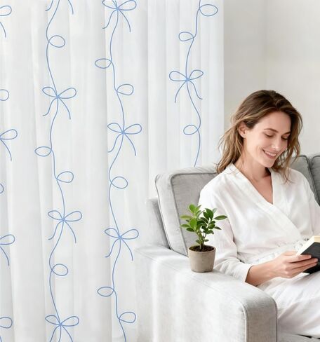 Erosebridal Girls Blue Ribbon Bow Darkening Blackout Curtains,Blue Coquette Bowknot Curtains (2 Panels 42 x 90 Inch) for Kids Bedroom,Princess Bowtie Kitchen Decor,Cute Bows Kawaii Window Treatments in Kuwait