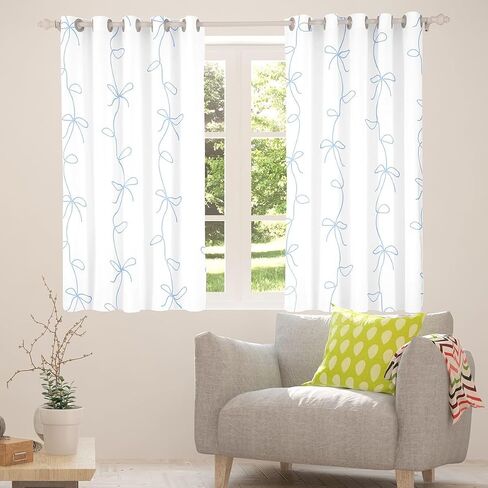 Erosebridal Girls Blue Ribbon Bow Darkening Blackout Curtains,Blue Coquette Bowknot Curtains (2 Panels 42 x 90 Inch) for Kids Bedroom,Princess Bowtie Kitchen Decor,Cute Bows Kawaii Window Treatments in Kuwait
