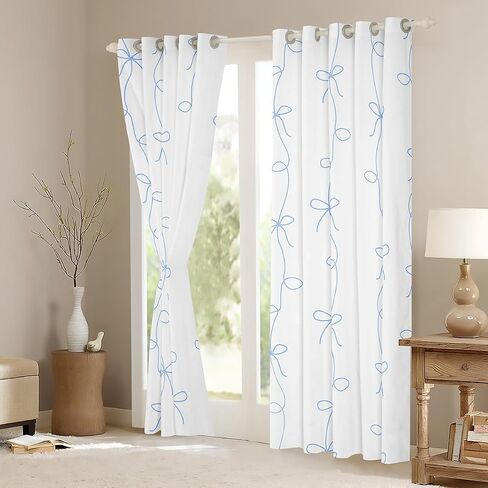 Erosebridal Girls Blue Ribbon Bow Darkening Blackout Curtains,Blue Coquette Bowknot Curtains (2 Panels 42 x 90 Inch) for Kids Bedroom,Princess Bowtie Kitchen Decor,Cute Bows Kawaii Window Treatments in Kuwait