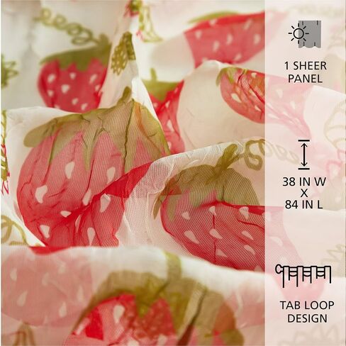 Urban Lifestyle Sheer Curtain Panel, 38" x 84", Strawberry Print, Light Filtering Window Treatment with Tab Top, Cute Fruit Design Drapery for Girls Room, Kitchen, Living Room in Saudi Arabia