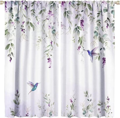 Abstract Eucalyptus Hummingbird Rod Pocket Blackout Curtains,Thermal Insulated Room Darkening Watercolor Purple Eucalyptus Floral Hummingbird Window Treatment,2 Panels 45L x 21W in Saudi Arabia