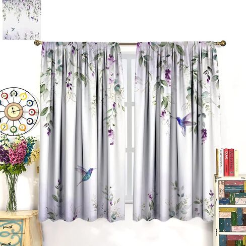 Abstract Eucalyptus Hummingbird Rod Pocket Blackout Curtains,Thermal Insulated Room Darkening Watercolor Purple Eucalyptus Floral Hummingbird Window Treatment,2 Panels 45L x 21W in Saudi Arabia