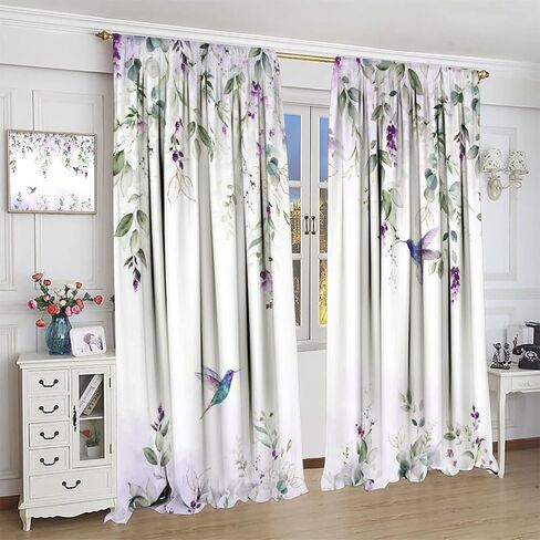 Abstract Eucalyptus Hummingbird Rod Pocket Blackout Curtains,Thermal Insulated Room Darkening Watercolor Purple Eucalyptus Floral Hummingbird Window Treatment,2 Panels 45L x 21W in Saudi Arabia