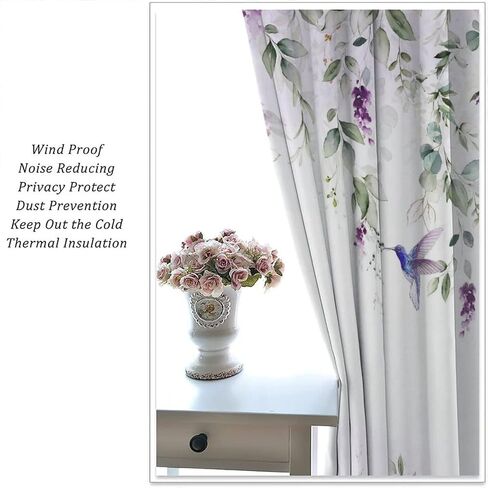 Abstract Eucalyptus Hummingbird Rod Pocket Blackout Curtains,Thermal Insulated Room Darkening Watercolor Purple Eucalyptus Floral Hummingbird Window Treatment,2 Panels 45L x 21W in Saudi Arabia