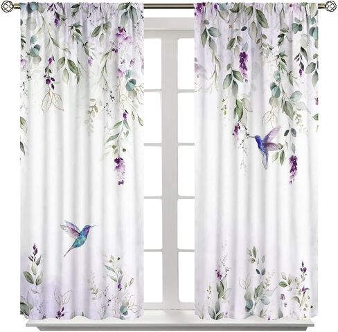 Abstract Eucalyptus Hummingbird Rod Pocket Blackout Curtains,Thermal Insulated Room Darkening Watercolor Purple Eucalyptus Floral Hummingbird Window Treatment,2 Panels 45L x 21W in Saudi Arabia