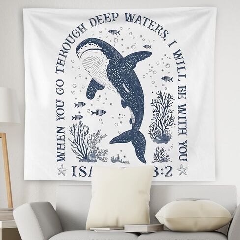 WNAGT Whale Shark Ocean Christian Tapestry Wall Hanging, Bible Verse Decor, Isaiah 43:2 Scripture Coastal Beach Wall Blanket Decor for Home Bedroom Living Room, 50x60 Inch in Saudi Arabia