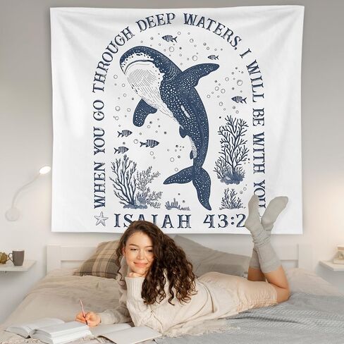 WNAGT Whale Shark Ocean Christian Tapestry Wall Hanging, Bible Verse Decor, Isaiah 43:2 Scripture Coastal Beach Wall Blanket Decor for Home Bedroom Living Room, 50x60 Inch in Saudi Arabia