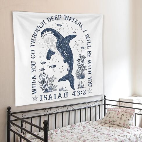 WNAGT Whale Shark Ocean Christian Tapestry Wall Hanging, Bible Verse Decor, Isaiah 43:2 Scripture Coastal Beach Wall Blanket Decor for Home Bedroom Living Room, 50x60 Inch in Saudi Arabia