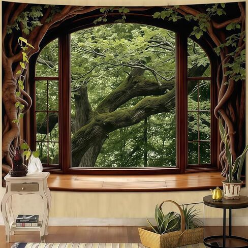 Esoes Window Forest Tapestry 80 x 60 Inch Large Green Plant Nature Floral Jungle Wall Tapestry for Bedroom Living Room Rainforest Stream Outdoor Landscape Tapestries Wall Hanging (castle) in Saudi Arabia