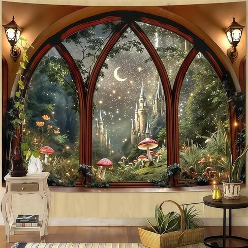 Esoes Window Forest Tapestry 80 x 60 Inch Large Green Plant Nature Floral Jungle Wall Tapestry for Bedroom Living Room Rainforest Stream Outdoor Landscape Tapestries Wall Hanging (castle) in Saudi Arabia