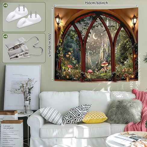 Esoes Window Forest Tapestry 80 x 60 Inch Large Green Plant Nature Floral Jungle Wall Tapestry for Bedroom Living Room Rainforest Stream Outdoor Landscape Tapestries Wall Hanging (castle) in Saudi Arabia