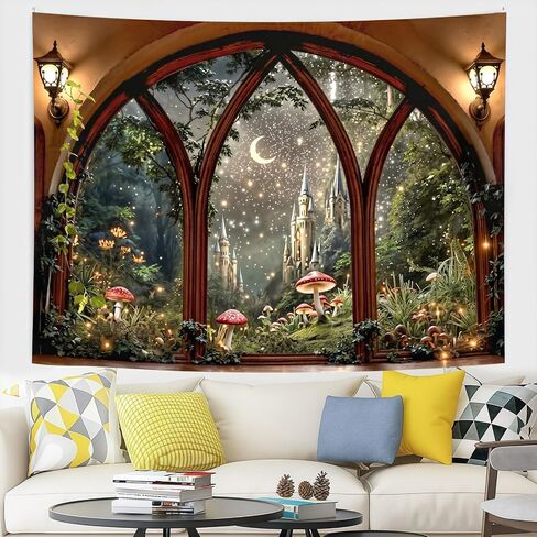 Esoes Window Forest Tapestry 80 x 60 Inch Large Green Plant Nature Floral Jungle Wall Tapestry for Bedroom Living Room Rainforest Stream Outdoor Landscape Tapestries Wall Hanging (castle) in Saudi Arabia